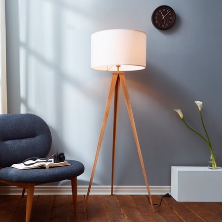Teamson Home Postmodern Tripod Floor Lamp + Drum Shade with Foot Switch, Natural/White