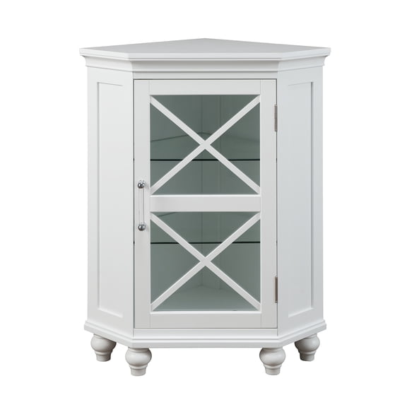Teamson Home Blue Ridge Freestanding Corner Floor Accent Cabinet with Tempered Glass Shelves, White