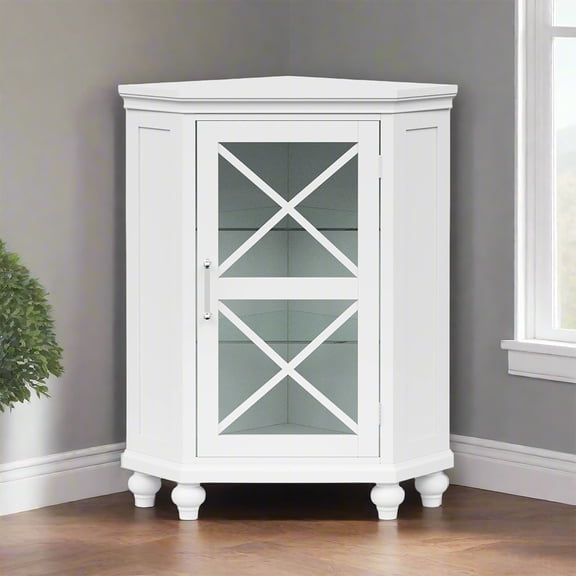 Teamson Home Blue Ridge Freestanding Corner Floor Accent Cabinet with Tempered Glass Shelves, White