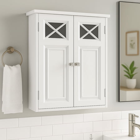 Teamson Home Dawson Removable Two-Door Wall Cabinet with Decorative Glass Panels, White