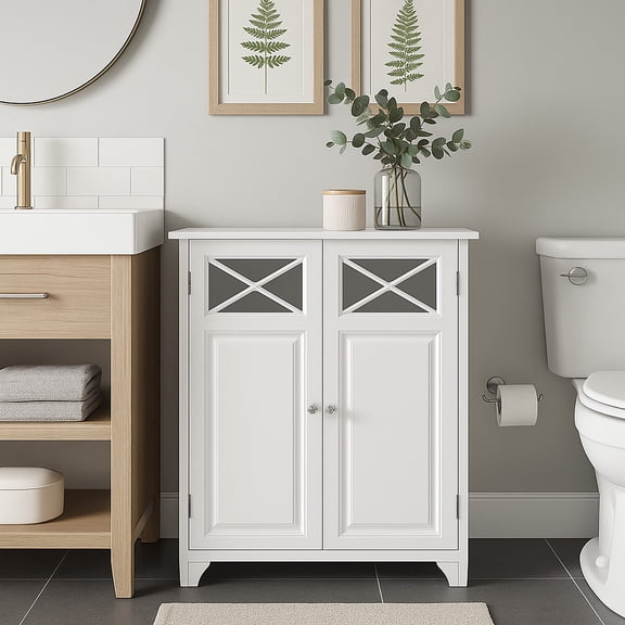 Teamson Home Dawson Two-Door Floor Storage Accent Cabinet with Decorative Glass Panels, White