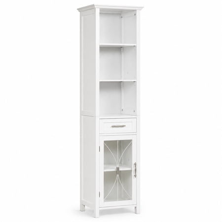 Teamson Home Delaney White Linen Tower Cabinet with Tempered Glass Door, Drawer, 3 Open Shelves & Adjustable Bathroom Storage Shelves