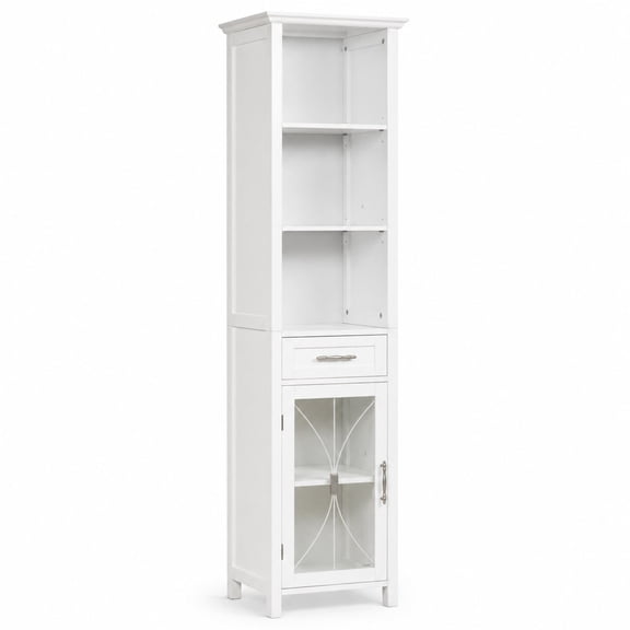 Teamson Home Delaney White Linen Tower Cabinet with Tempered Glass Door, Drawer, 3 Open Shelves & Adjustable Bathroom Storage Shelves