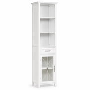 Teamson Home Delaney White Linen Tower Cabinet with Tempered Glass Door, Drawer, 3 Open Shelves & Adjustable Bathroom Storage Shelves