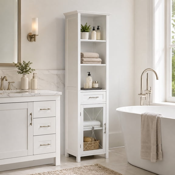 Teamson Home White Linen Storage Tower with Tempered Glass Door, Drawer and 3 Adjustable Shelves, 65in Bathroom Storage Cabinet - Delaney