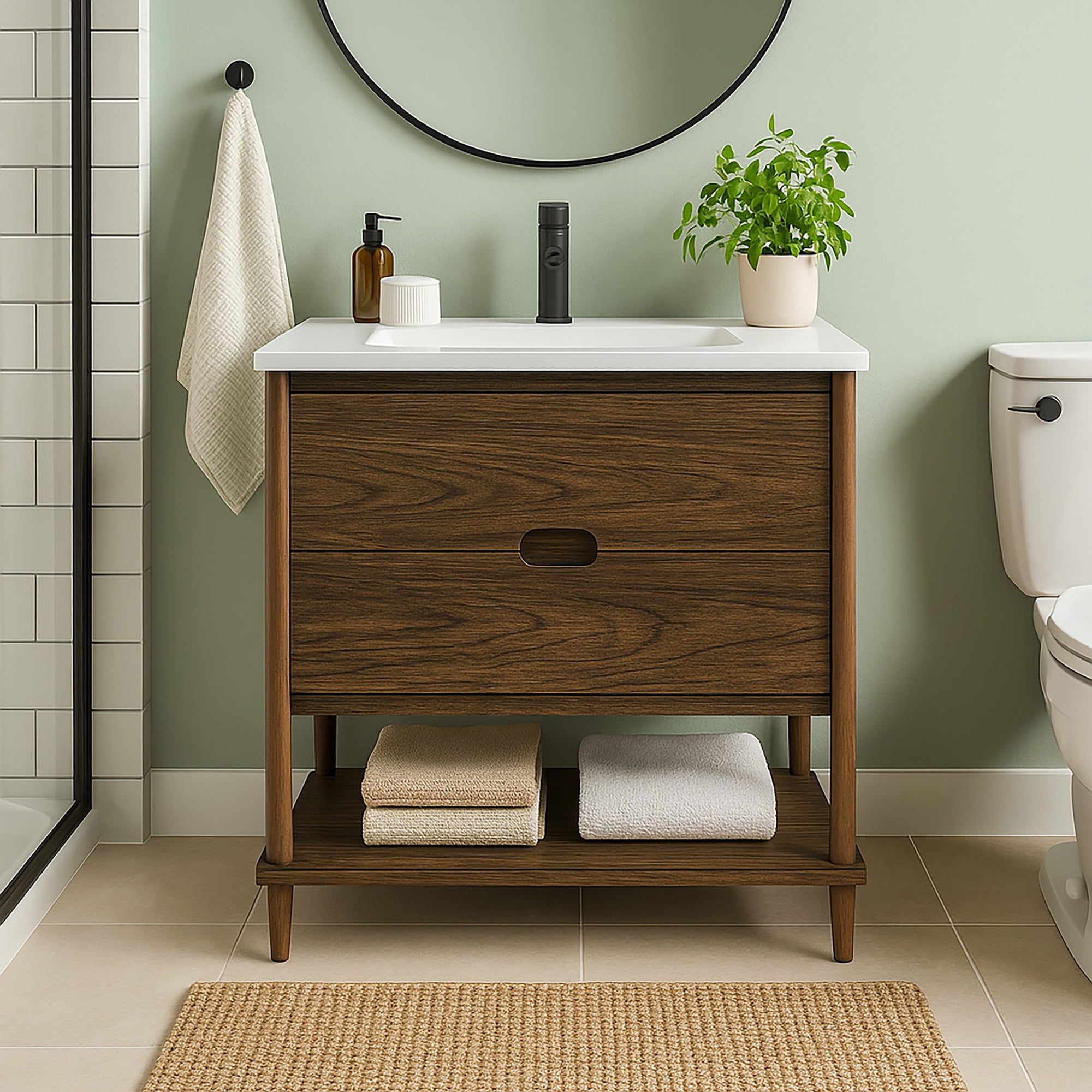 Teamson Home Ellery 36" Single Bathroom Vanity Integrated Square Sink and Two Drawers, Walnut