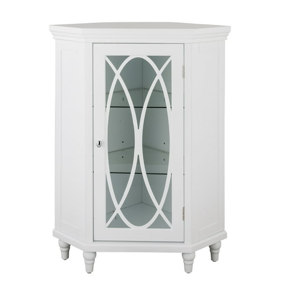 Teamson Home Florence Corner Floor Cabinet with a Decorative Tempered Glass Door, White