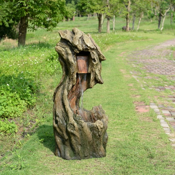 Teamson Home Forest-Inspired Cascade Water Fountain Outdoor GardenLED Light with Built-In Electric Pump & Simple Setup, Gray