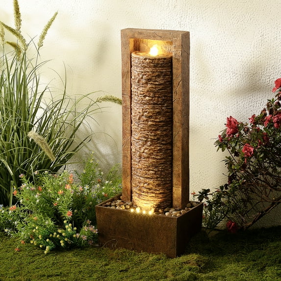 Teamson Home Framed Layered Rock Design Patio Water Fountain–Warm Glow Lighting with Steady Flow & Electric Pump, Brown