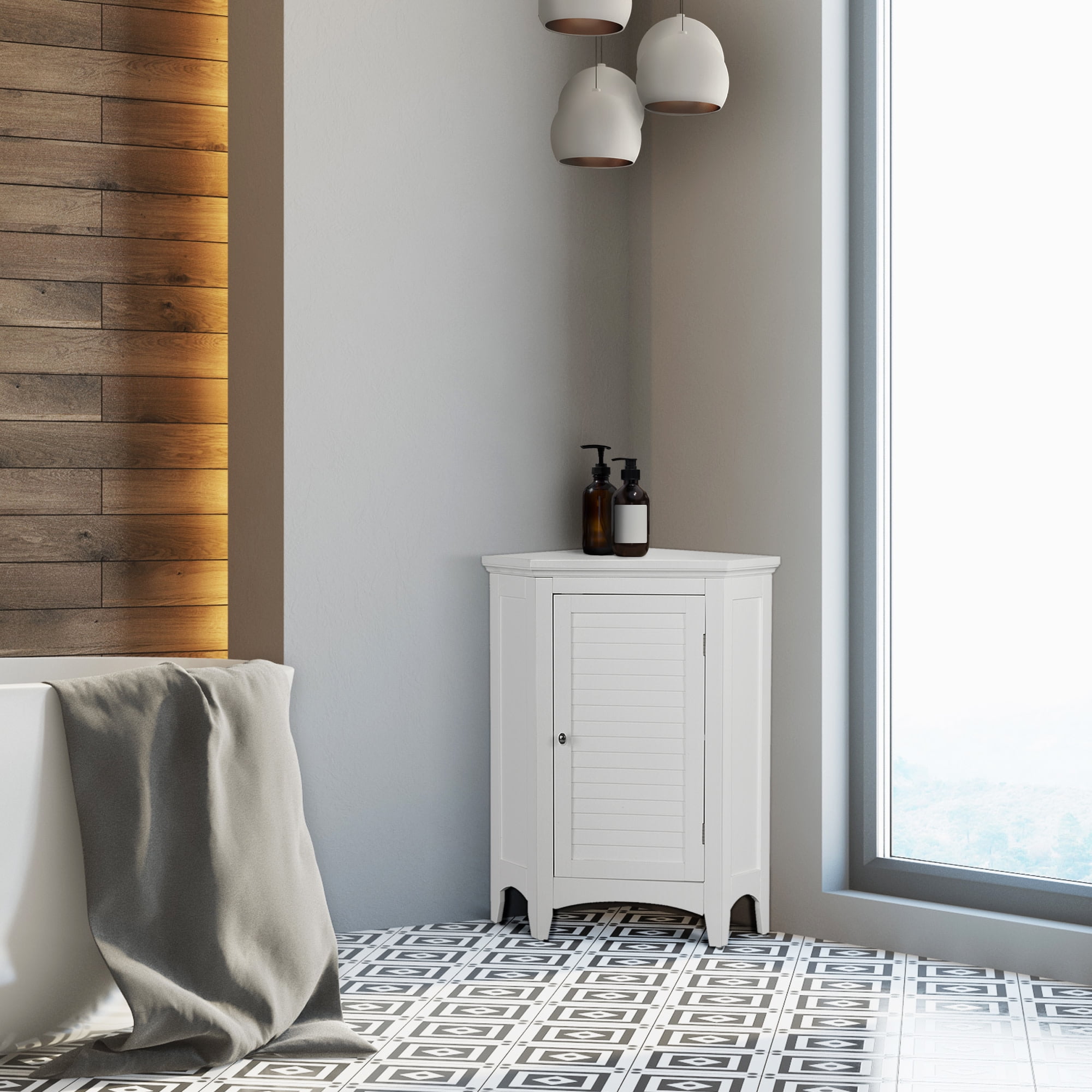 White Engineered Wood Corner Cabinet with Adjustable Shelving
