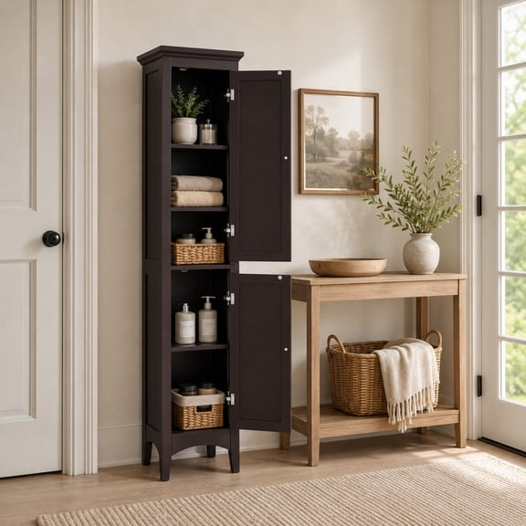 Teamson Home Wooden Bathroom Storage Cabinet, Tall Narrow Floor Cabinet with Louvered Doors, Interior Shelves, Anti-Tip Kit, Gray - Glancy