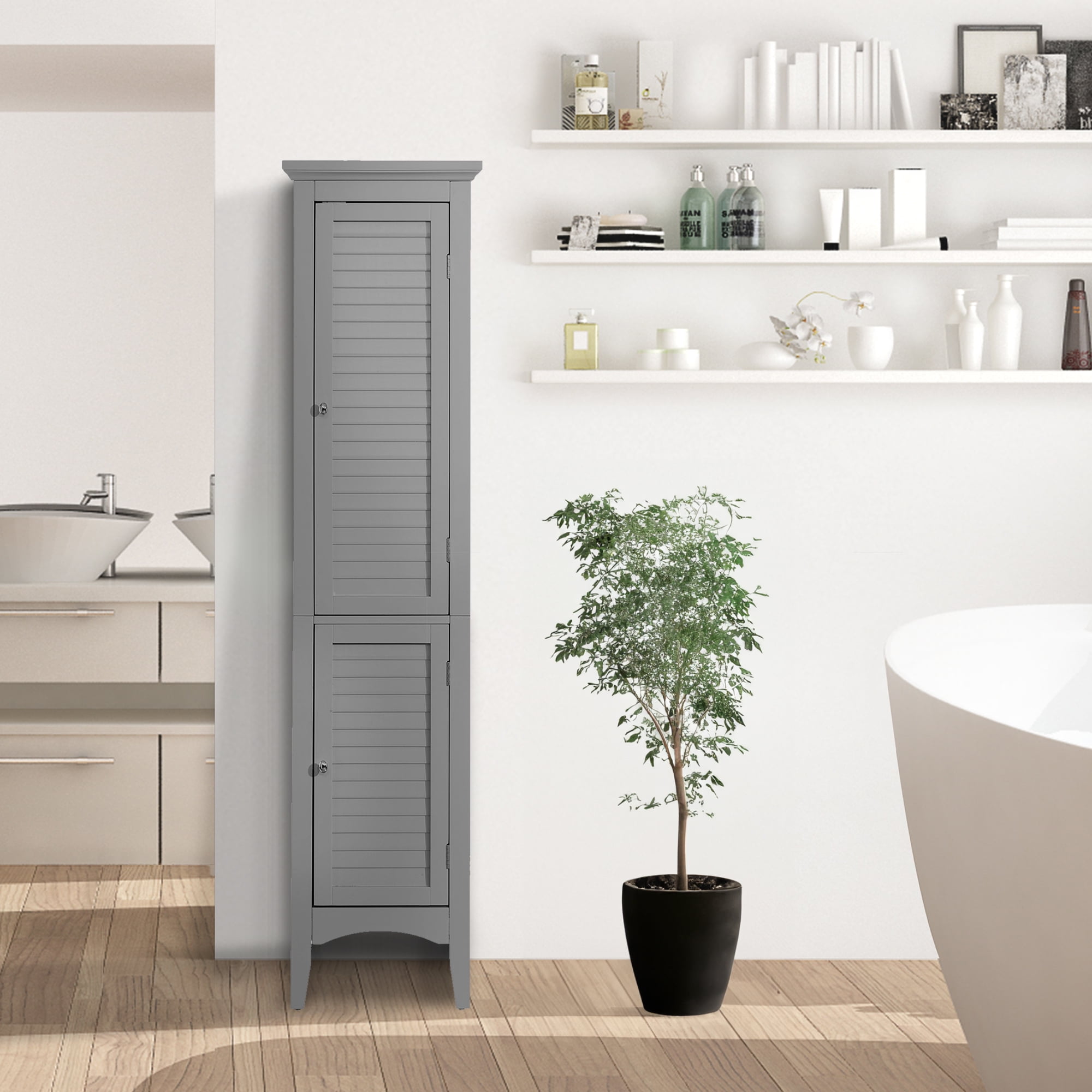 Gray Tall Wooden Cabinet with Adjustable Shelving