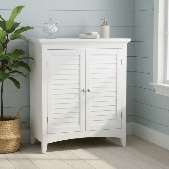 Teamson Home Glancy Freestanding Two-Door Floor Accent Cabinet with Faux Louvered Doors, White