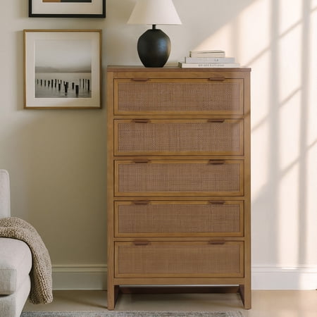 Hatteras Dresser with 5 Rattan Inlay Drawers, Natural – Teamson Home: Wide & Deep Storage with Coastal Modern Style