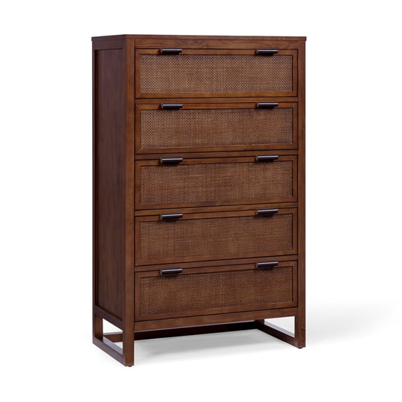 Hatteras Dresser with 5 Rattan Inlay Drawers, Walnut Teamson Home: Wide & Deep Storage with Coastal Modern Style