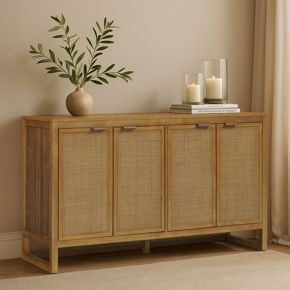 Teamson Home Hatteras Modern 4-Door Sideboard with Natural Rattan Doors & Adjustable Shelf, Solid Wood Frame