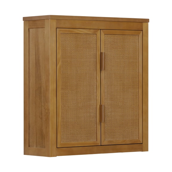 Teamson Home Hatteras Wall Cabinet with 2 Rattan Inlay Doors and Pine Wood Frame - Natural