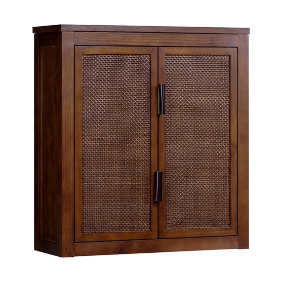 Teamson Home Hatteras Modern 2-Door Wall Cabinet, Storage with Rattan Doors, Solid Wood Frame & Wall Mount, Walnut