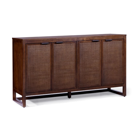 Teamson Home Hatteras Modern 4-Door Sideboard with Natural Rattan Doors & Adjustable Shelf, Solid Wood Frame