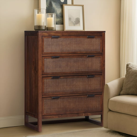 Teamson Home Hatteras Modern 4-Drawer Dresser with Natural Rattan Inlay Panels, Solid Pine Wood Frame and Acacia Veneer