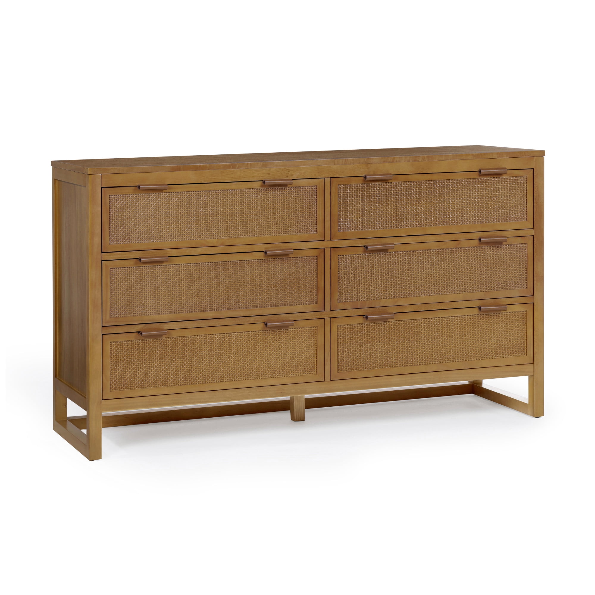 Teamson Home Hatteras Dresser with 6 Rattan Inset Drawers, Faux Leather Pulls & Deep Storage - Natural