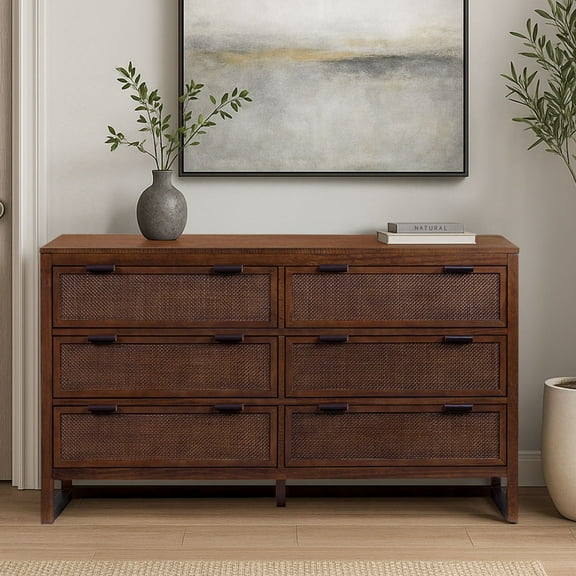 Teamson Home Hatteras Modern 6-Drawer Dresser with Natural Rattan Inset Panels, Solid Pine Wood Frame and Acacia Veneer