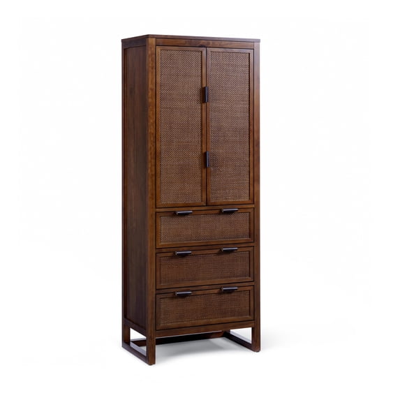 Teamson Home Hatteras Modern Linen Cabinet, Storage with Adjustable Shelf & Deep Drawers, Rattan Doors and Solid Wood Frame