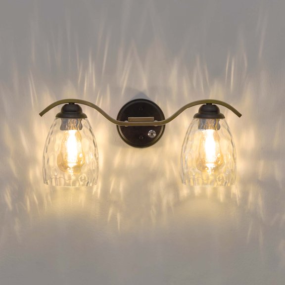 Heidi 2-Light Bathroom Vanity Wall Sconce Light with 3-Stage Touch Dimmer & Clear Hammered Glass Cloche Shades, Black/Brass