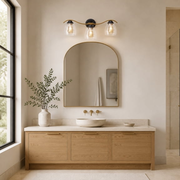 Teamson 3-Light Bathroom Vanity Light, Hammered Glass Shades, 3-Stage Touch Dimmer, Black/Brass Metal, E26 Sockets, Wall Sconce, Heidi Collection