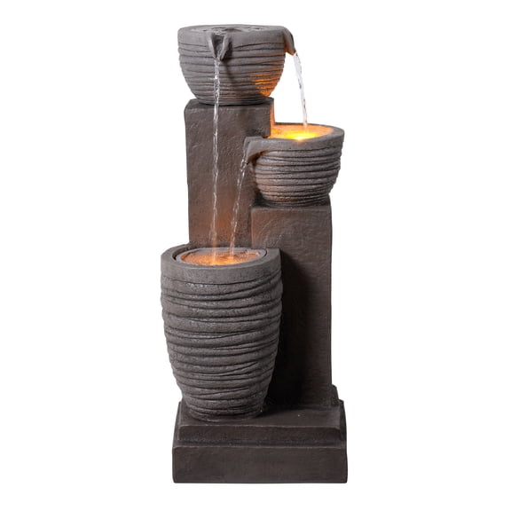 Teamson Home Horizontal Ribbed Pattern Outdoor Water FountainWarm Glow Lighting with Adjustable Flow & Electric Pump, Warm Gray