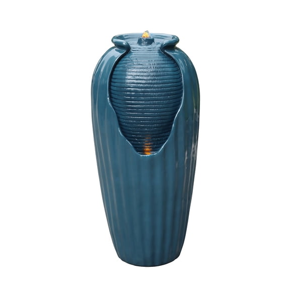 Teamson Home Indoor/Outdoor Contemporary Glazed Contoured Vase Water Fountain with LED Lights, Blue