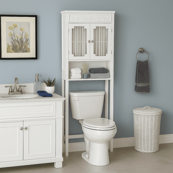 Teamson Home Lisbon Wooden Over-the-Toilet Bathroom Cabinet with Glass Doors, White