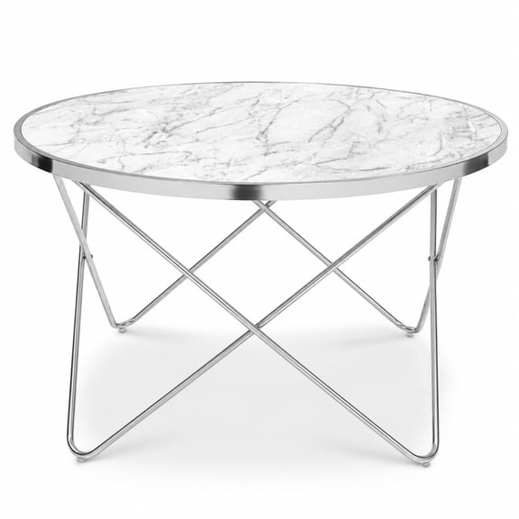 Teamson Home Margo 32" Round Faux White Carrara Marble Coffee Table, Modern Living Room Accent Table with Silver Metal Geometric Criss-Cross Base