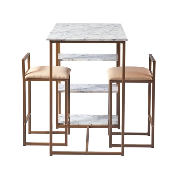 Teamson Home Marmo Breakfast Table Dining Set with Faux Marble Top, Brass Finish