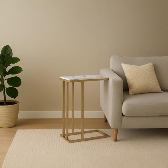 Teamson Home Marmo Modern Marble-Look C Shape Side Table, Marble/Brass