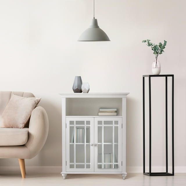 Teamson Home Neal Freestanding Two-Door Floor Accent Cabinet with Glass Paneled Doors, White