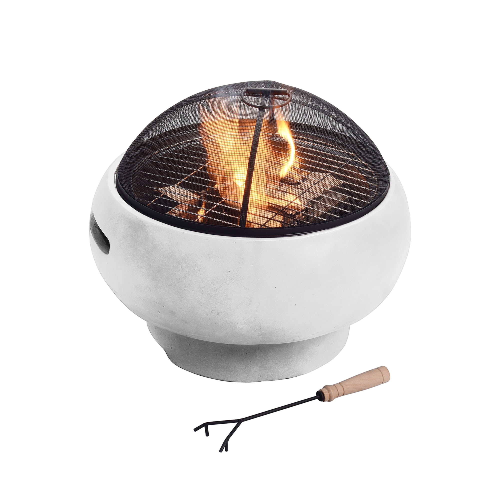 Round White Stone and Wood Burning Fire Pit with Grill