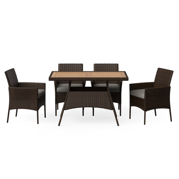 Teamson Home Outdoor 5-Piece PE Rattan & Acacia Wood Dining Set with Four Chairs and Table