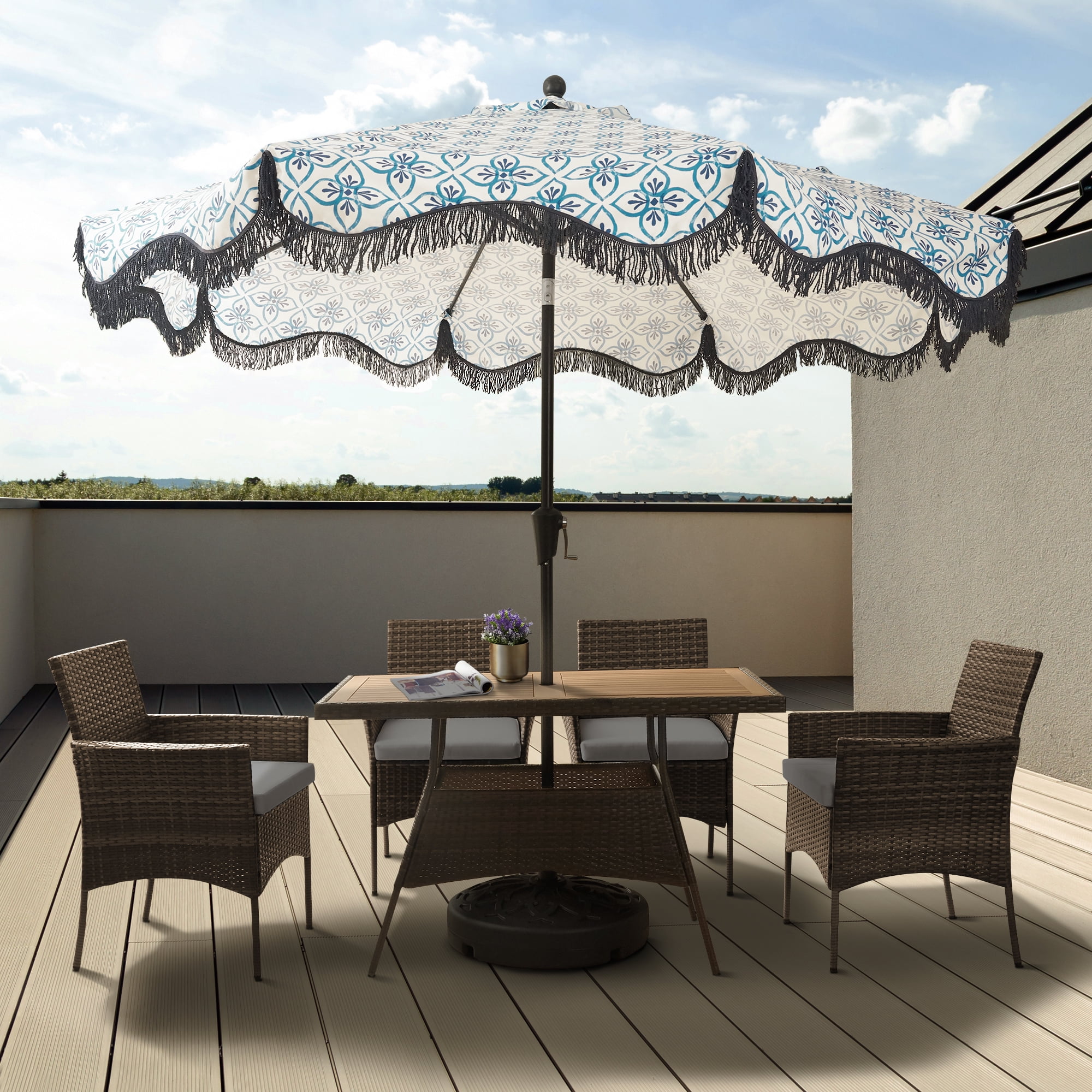 Teamson Home Outdoor 5 Piece Rattan and Acacia Wood Patio Dining
