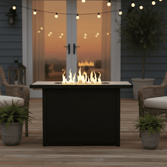 Teamson Home Outdoor Rectangular Propane Ceramic Gas Fire Pit with Metal Base