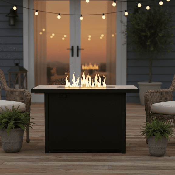 Teamson Home Outdoor Rectangular Propane Ceramic Gas Fire Pit with Metal Base