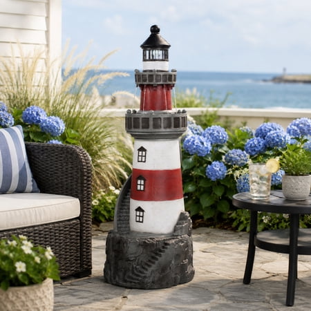 Teamson Home Outdoor Solar Light House Fountain with Rotating LED Light, Red/White