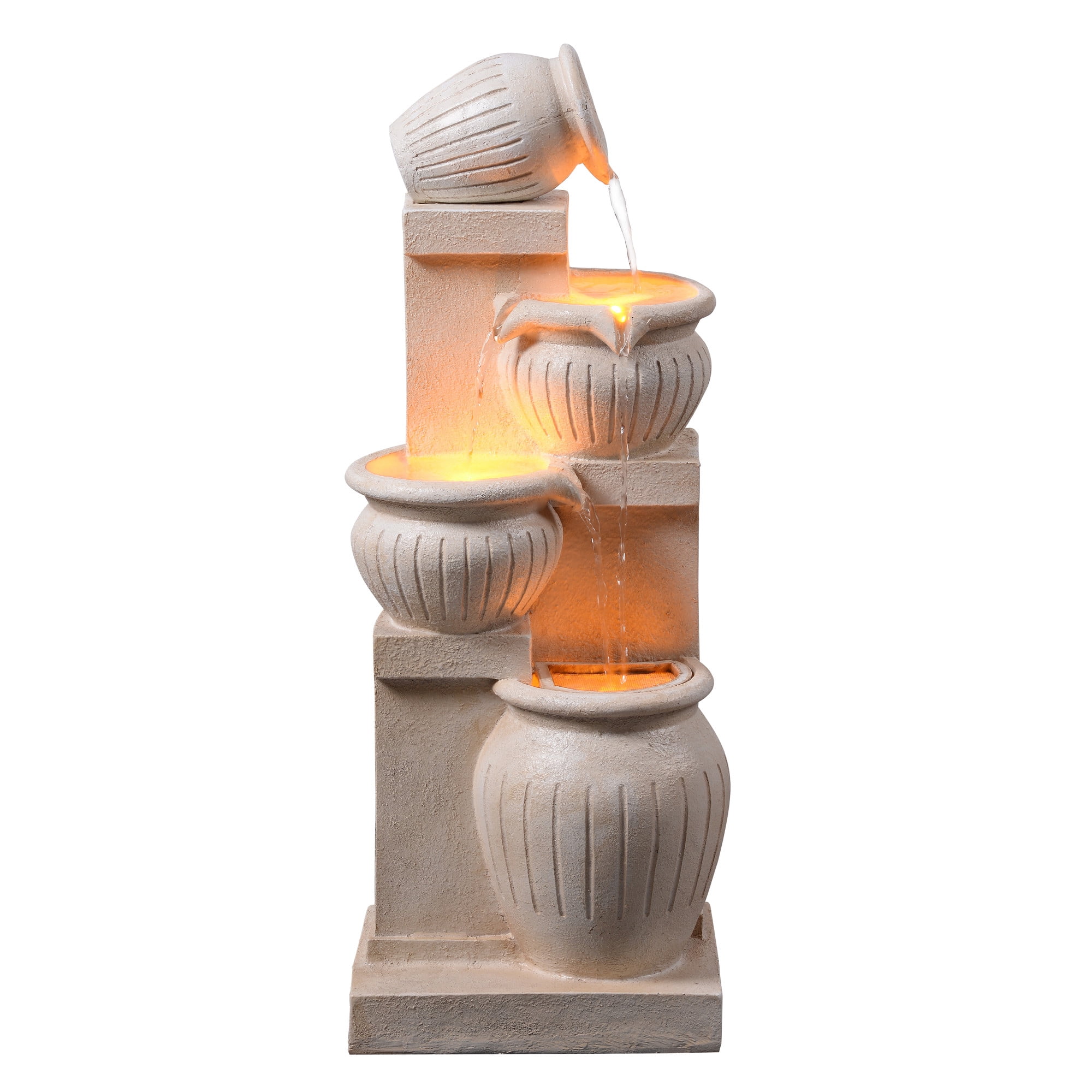 Teamson Home Outdoor 4-Tier Cascading Bowl Water Fountain with LED Lights, Solar-Powered & Adjustable Flow Rate, Natural