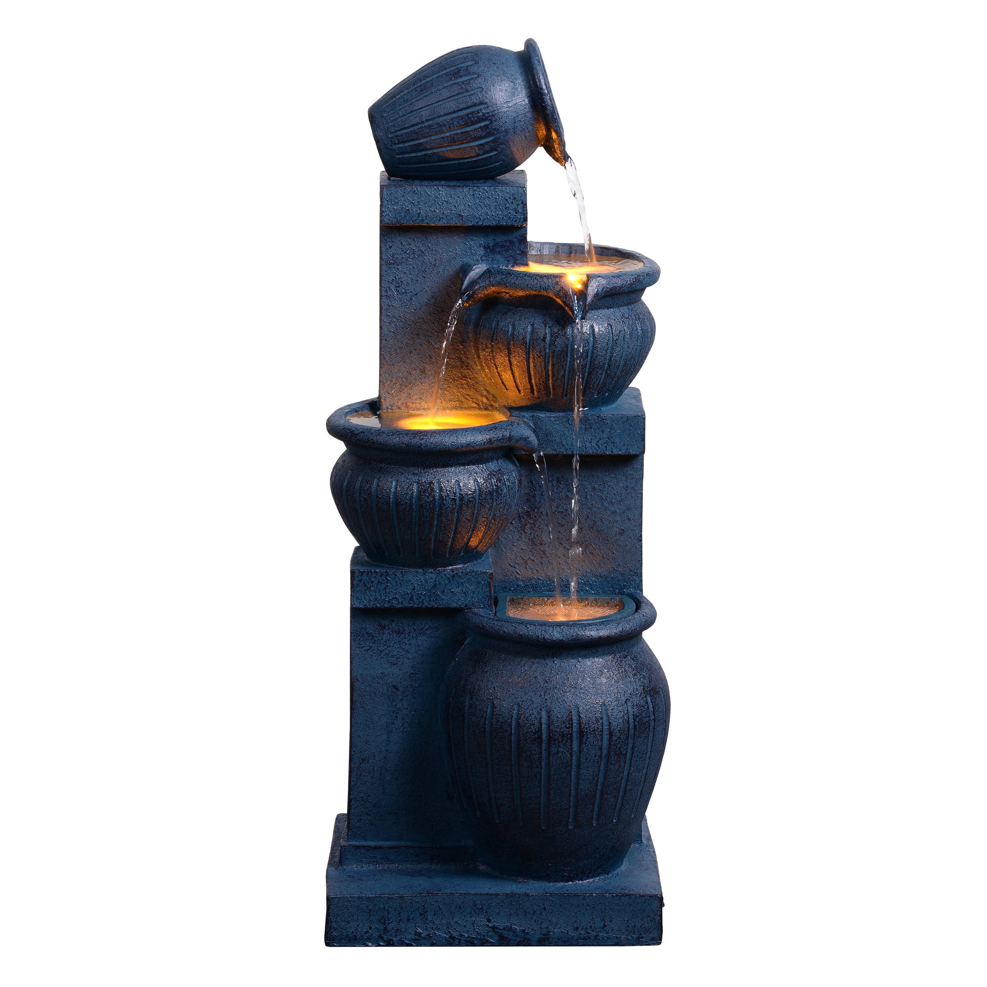 Teamson Home Outdoor 4-Tier Cascading Bowl Water Fountain with LED Lights, Solar-Powered & Adjustable Flow Rate, Navy