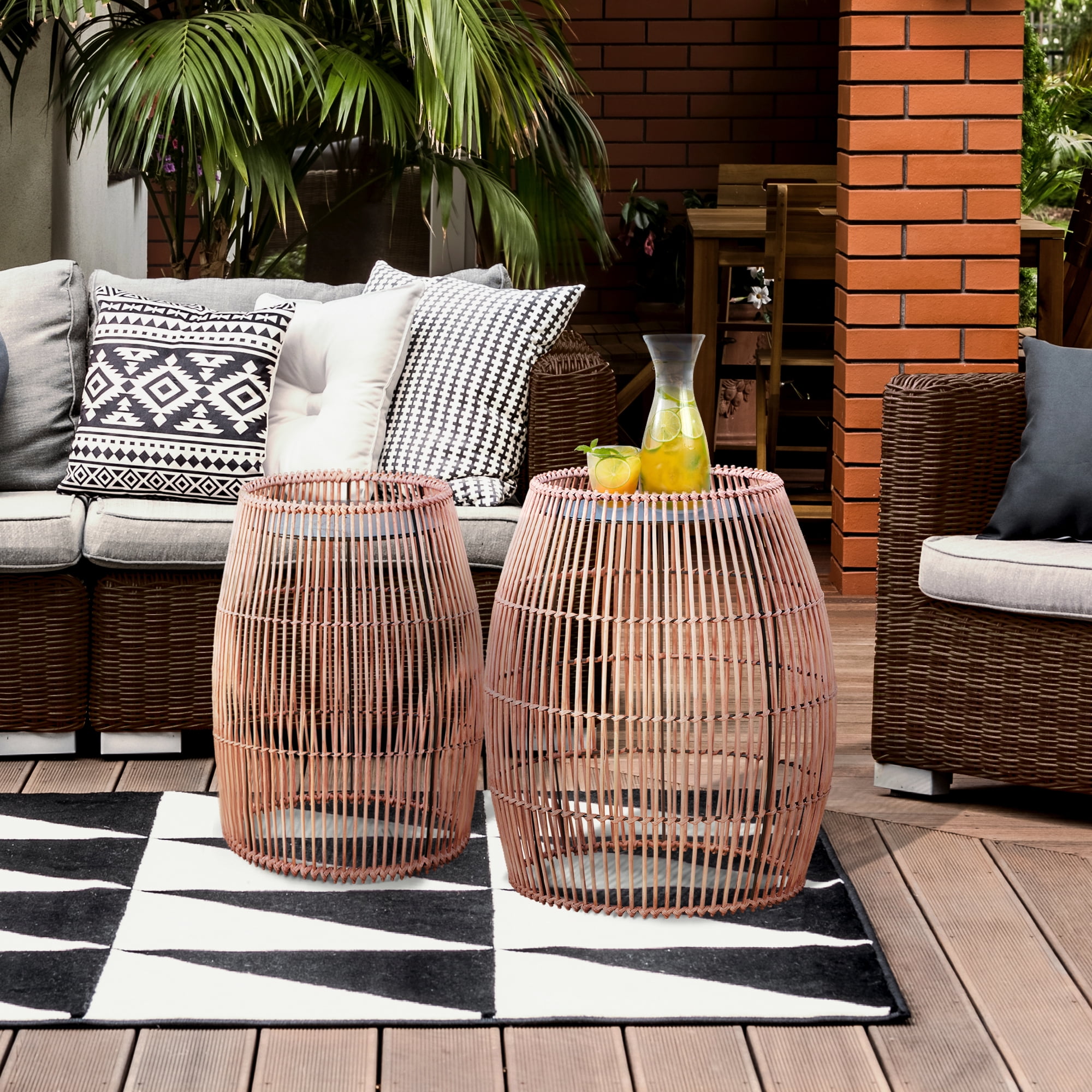 Bohemian Chic Bamboo Drum Side Table with Iron Top, 21"