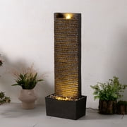 Teamson Home 38" Ridged Column Outdoor Water Fountain with LED Lights, Weather-Resistant Faux-Slate Polyresin Patio Garden Decor, Gray