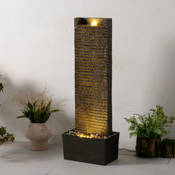 Teamson Home Ridged Texture Outdoor Water Fountain–Warm Glow Lighting with Built-In Electric Pump & Simple Setup, Dark Gray