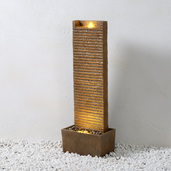 Teamson Home Ridged Texture Outdoor Water FountainWarm Glow Lighting with Built-In Electric Pump & Simple Setup, Brown