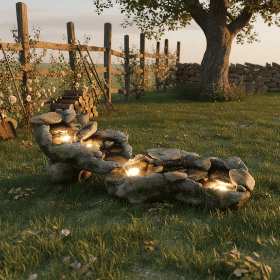 Teamson Home Riverstone Cascade Water Fountain OutdoorLED Light with Adjustable Flow & Electric Pump, Gray