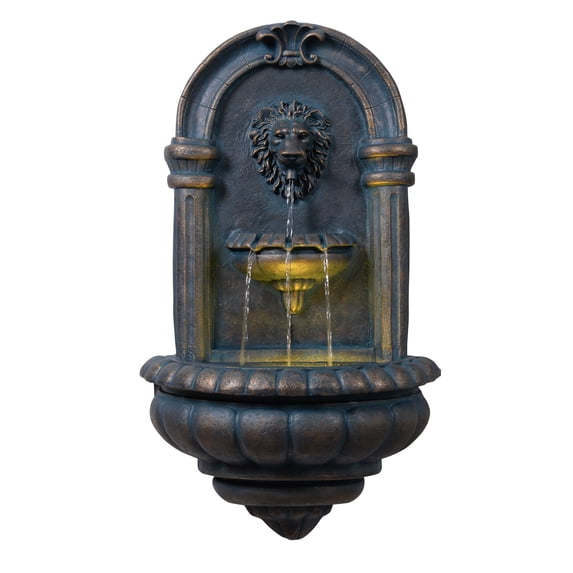 Teamson Home Tiered Lion Outdoor Water Fountain–LED Light with Built-In Electric Pump & Simple Setup, Antique Cooper
